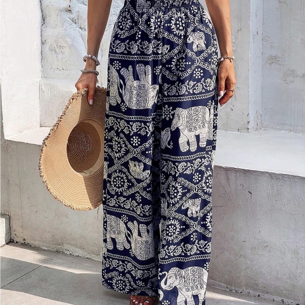 Navy Elephant Print Wide-Leg Pants